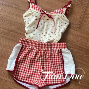 草莓软糖 可爱甜美清新少女格子温泉海边度假泳衣比基尼三件套