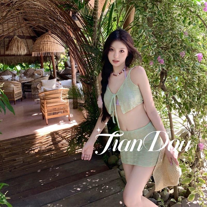 【青提气泡】夏日度假分体彩色小清新泳衣温泉沙滩比基尼四件套女
