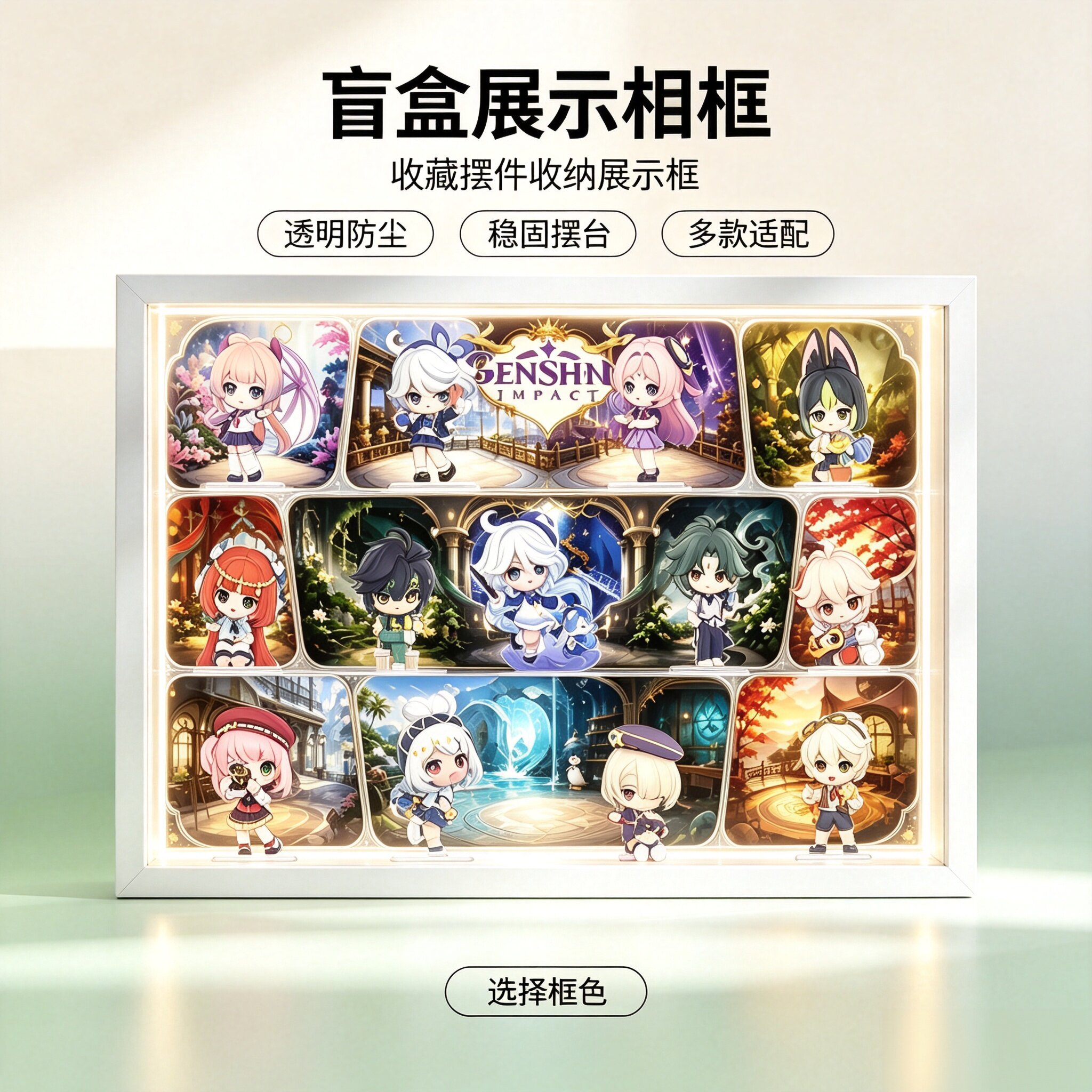 原神盲盒展示相框 带灯发光防尘收纳框 二次元手办摆件分格收藏图片