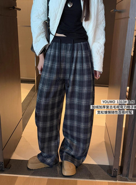 素心兰/YOUMO 秋冬时髦休闲风格子撞色加厚加绒阔腿休闲裤女1313