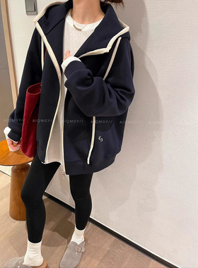 春不晚自留  藏蓝色撞色连帽卫衣外套女2025秋冬新款宽松显瘦上衣
