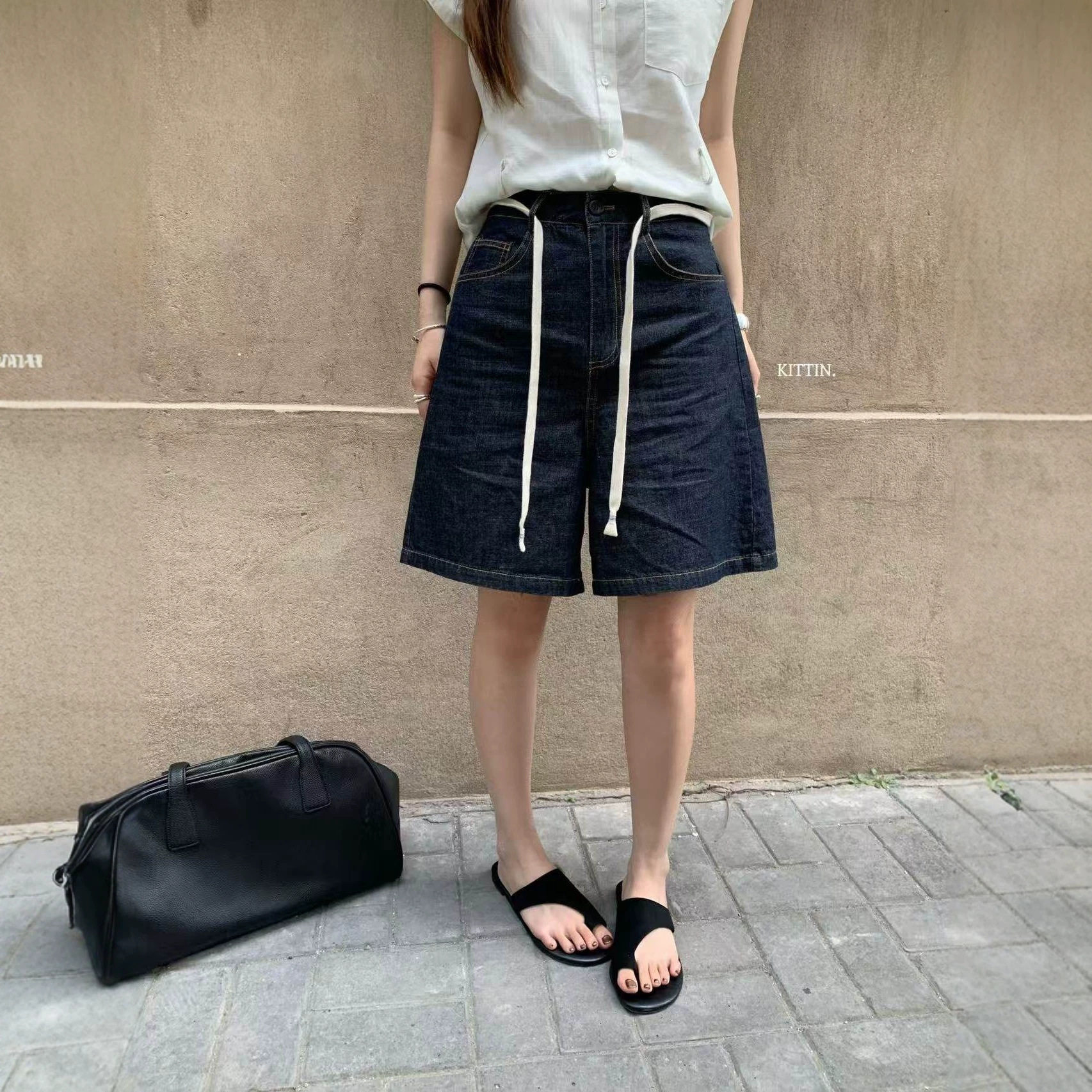 KITTIN 2026夏季美式复古宽松休闲百搭显瘦高腰牛仔短裤女装90178