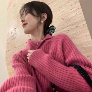 韩版紫色高贵气质简约纯色内搭打底衫翻领仿浣熊慵懒风软糯毛衣女