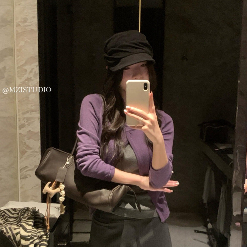 MZI STUDIO秋装女韩系百搭修身设计感假两件纽扣开叉针织衫A80192