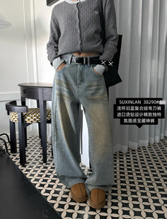 复合绒烫钻牛仔裤女2026冬季新款高腰显瘦宽松直筒阔腿拖地长裤子