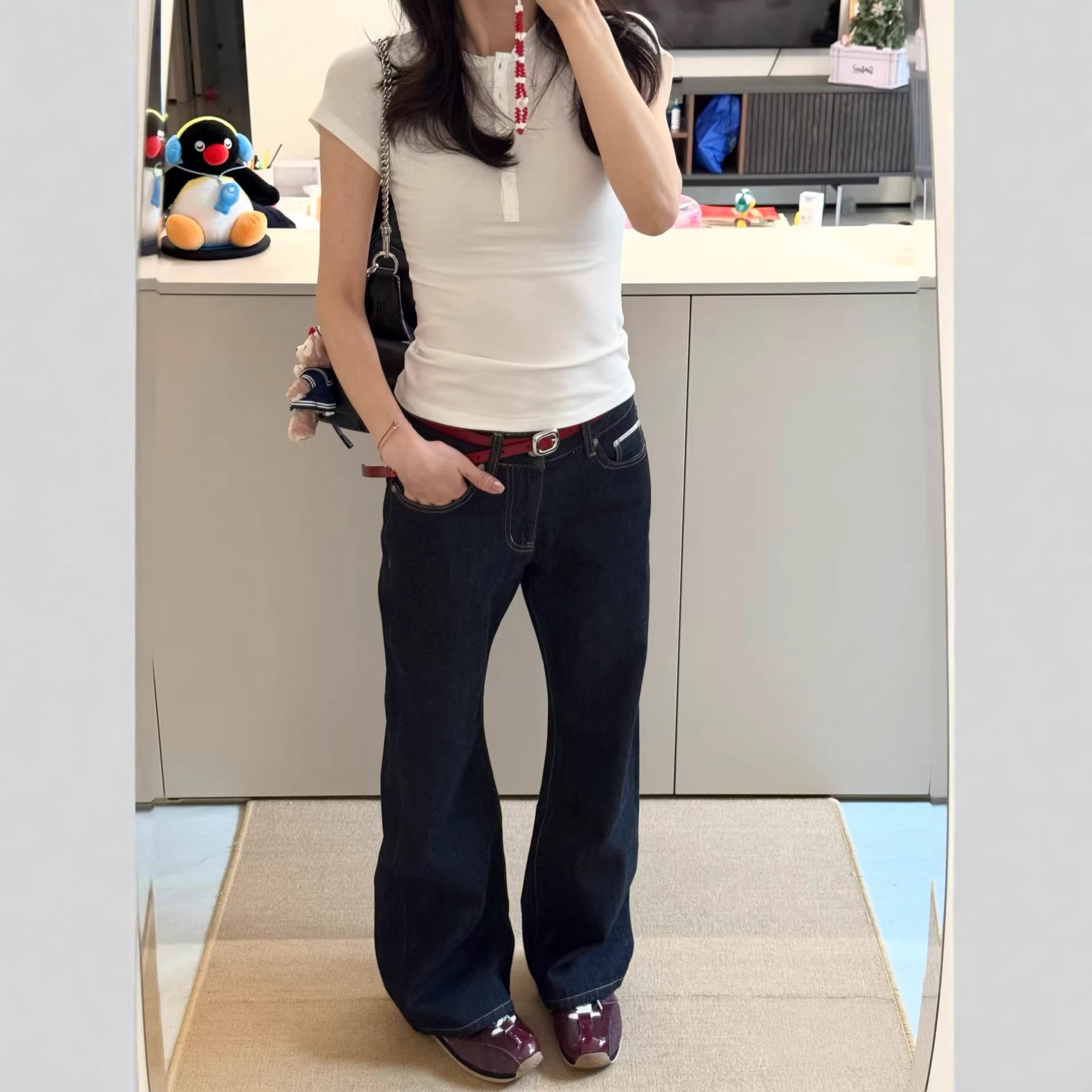 新款复古原牛丹宁直筒版型显瘦休闲微喇叭修身长裤女牛仔裤6005