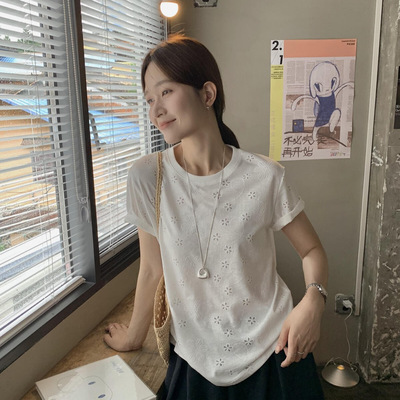 MISS密思家 夏日韩版简约风清甜提花宽松显瘦圆领短袖T恤女51041