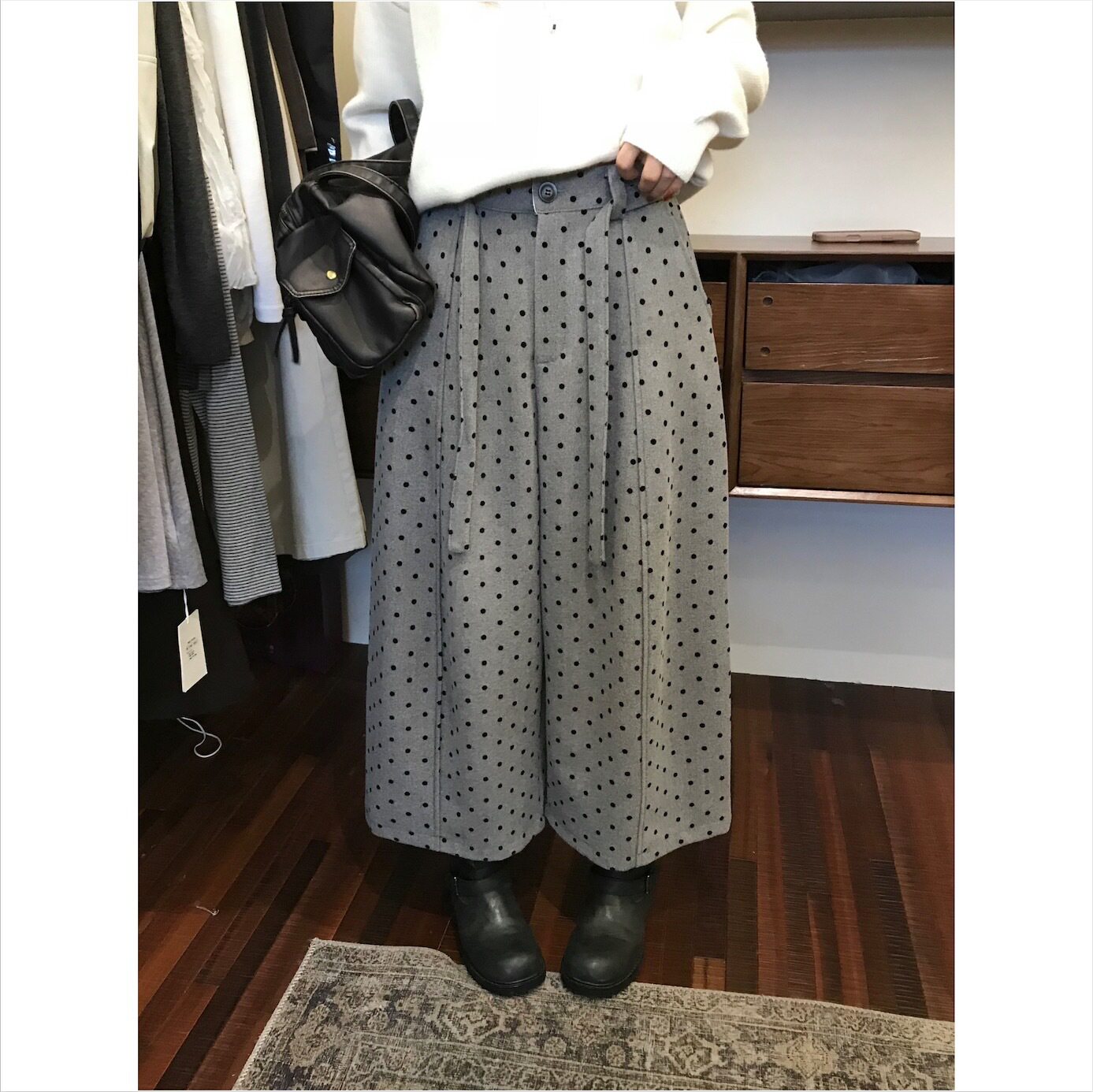 【密思家】日杂感松弛感复古植绒波点阔腿休闲裤(配腰带)W69250
