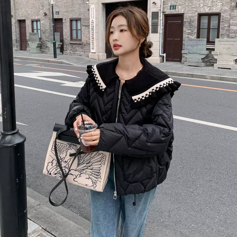 娃娃领荷叶边短款羽绒服女2025季新款甜美时尚保暖小个子宽松外套