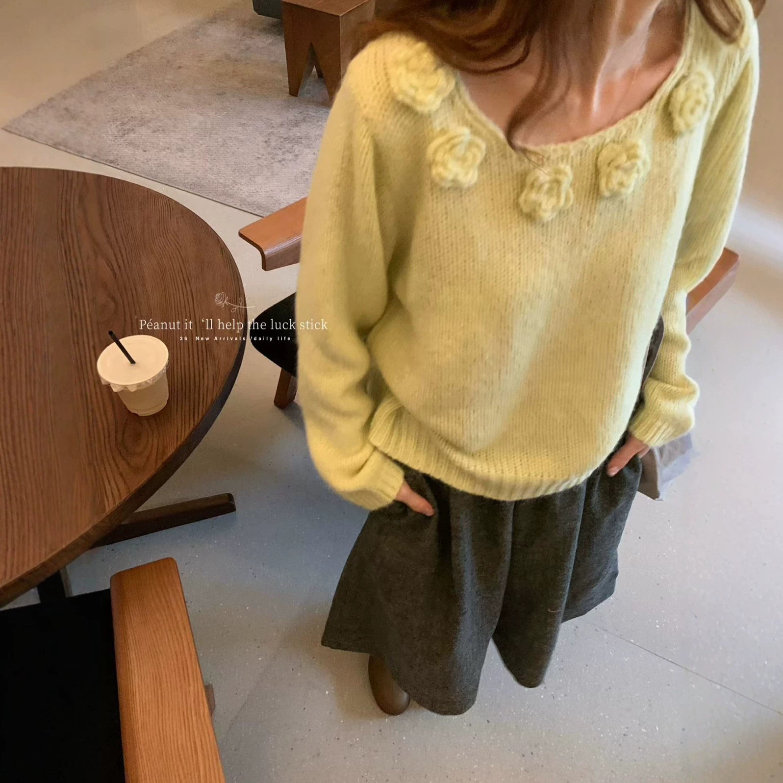 peanut花生家2026秋装女韩系重工立体花朵百搭圆领长袖毛衣11722
