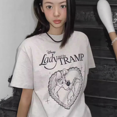 现 韩国潮牌Ron*短袖裴珠泫同款联名款狗狗卡通印花爱心字母T恤女