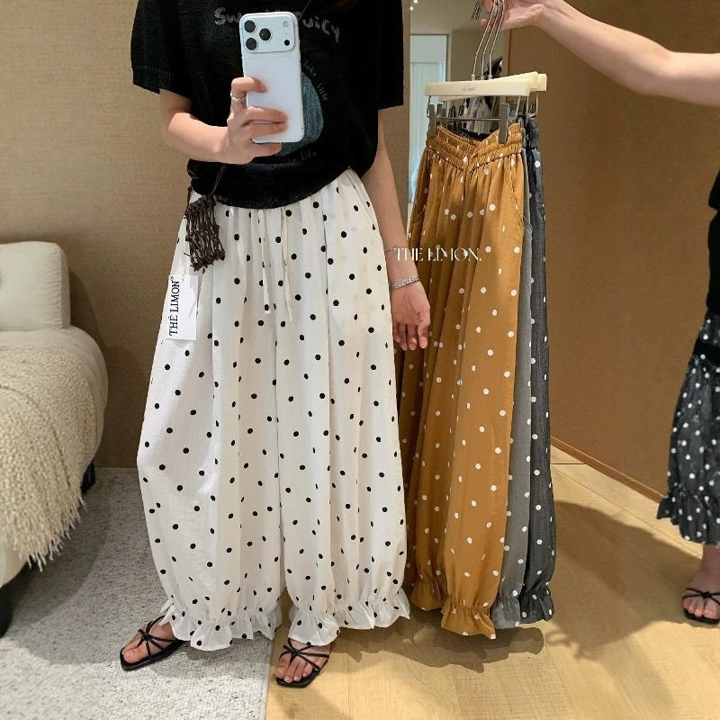 柠檬绿茶2026夏季慵懒韩版简约风波点外穿抽绳花苞休闲裤女10732