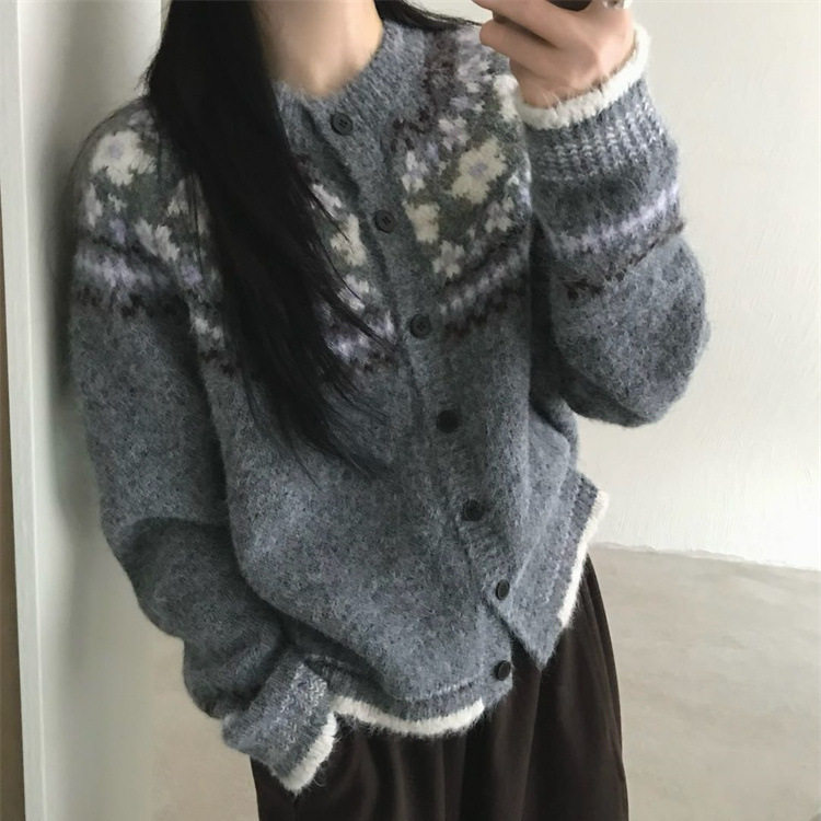 韩系复古提花费尔岛毛衣开衫女秋冬新款宽松慵懒风显瘦针织衫外套