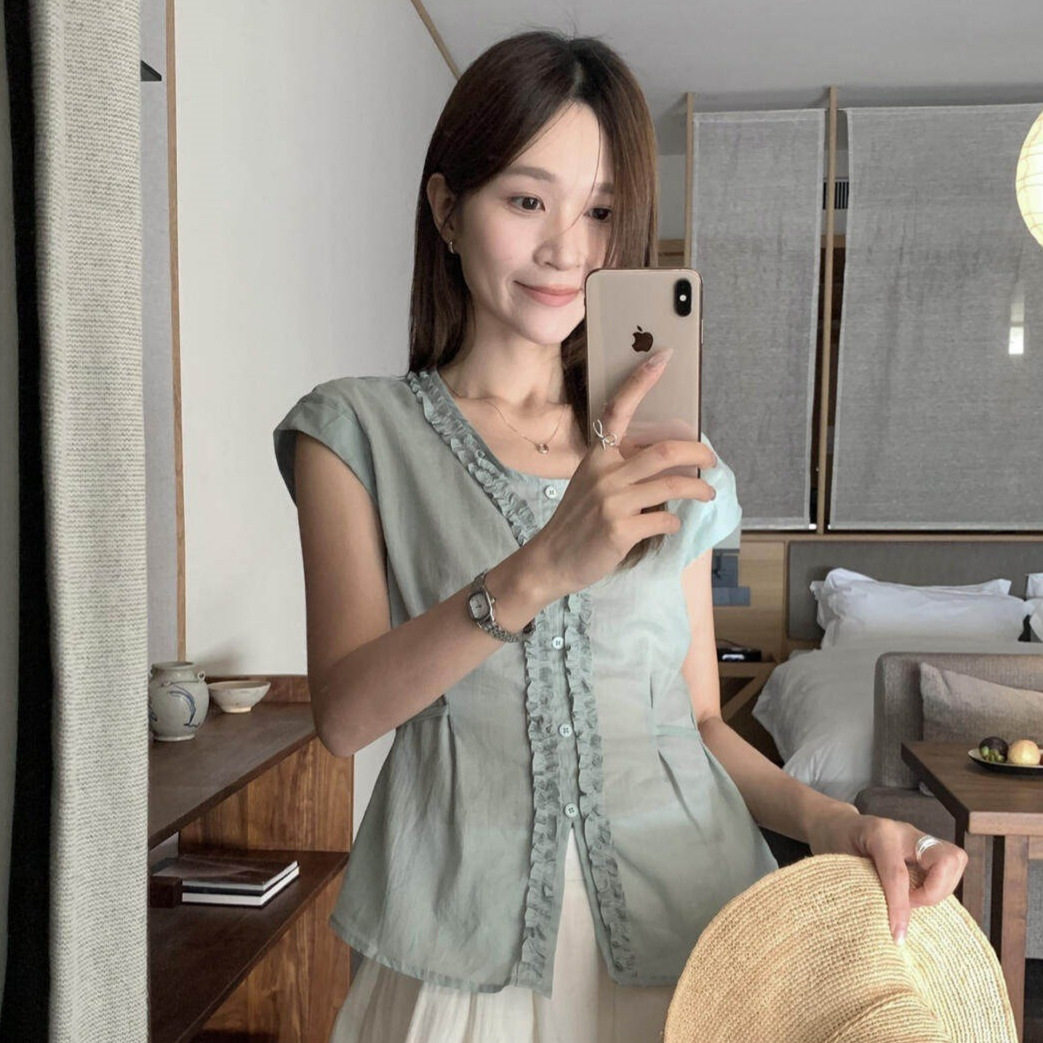 MISS密思家 夏装女法式温柔风木耳边收腰显瘦系带无袖小衫W69115