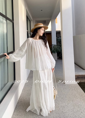 清仓价 DIGM2025纯色绣花100%苎麻高腰显瘦a摆中长款仙半身裙