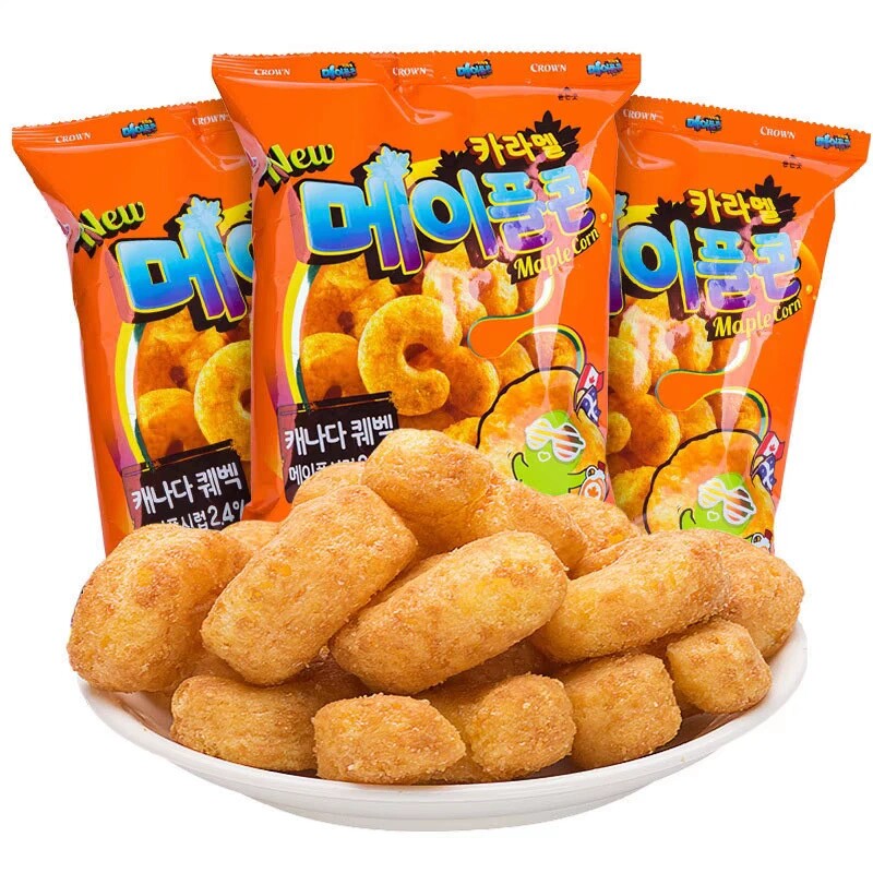 韩国进口CROWN克丽安裹糖浆玉米脆74g袋装焦糖味脆条零食下午茶