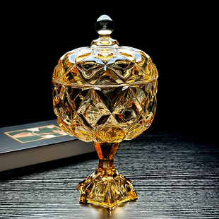 水晶玻璃碗高脚杯带盖精致琥珀色水果盘糖果罐收纳盒容器轻奢高档