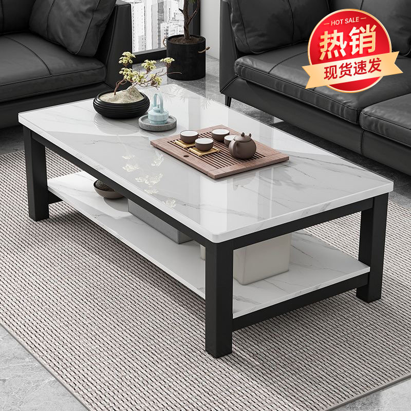 茶几客厅家用2025新款双层小桌子大理石纹台面玻璃茶台办公室茶桌