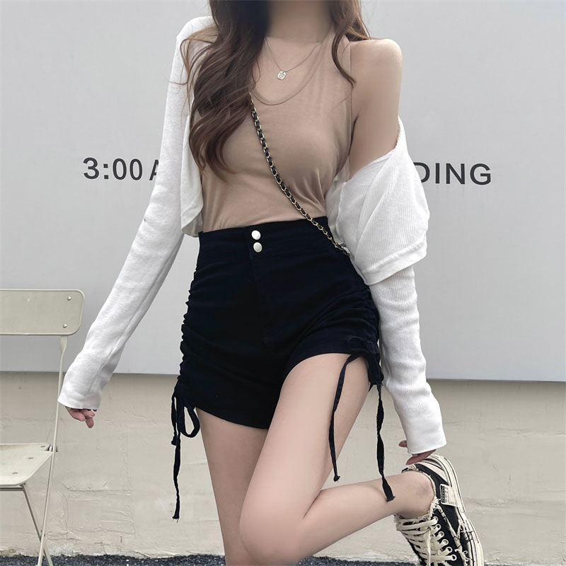 高腰抽绳仿牛仔短裤女夏2
