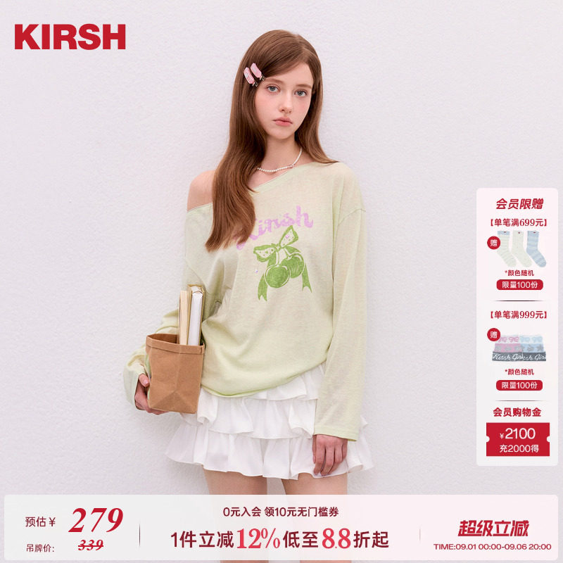 樱桃KIRSH松弛蝴蝶结印花斜肩T恤图片