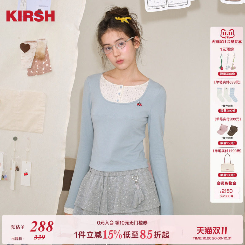 樱桃KIRSH韩系刺绣假两件圆领长袖T恤女2026秋冬印花修身打底衫