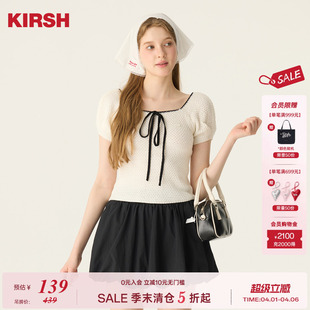 樱桃KIRSH 针织女2026春夏蝴蝶结系带甜美少女上衣 梯形领撞色短袖