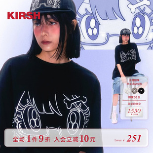 女甜美韩版 樱桃KIRSH 纯棉动漫少女插画短袖 宽松T恤 鸟鸟一联名