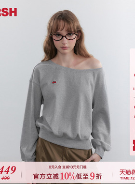 【宋祖儿同款】樱桃KIRSH 韩系斜肩宽松灰色卫衣女休闲露肩上衣