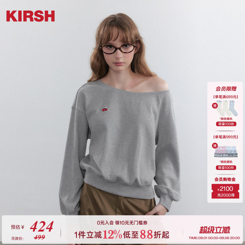 【宋祖儿同款】樱桃KIRSH 韩系斜肩宽松灰色卫衣女休闲露肩上衣图片