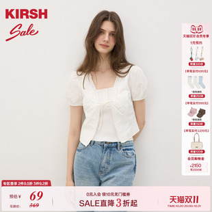 樱桃KIRSH 韩系白色系带花边短袖衬衫2025夏季甜美短款上衣女生
