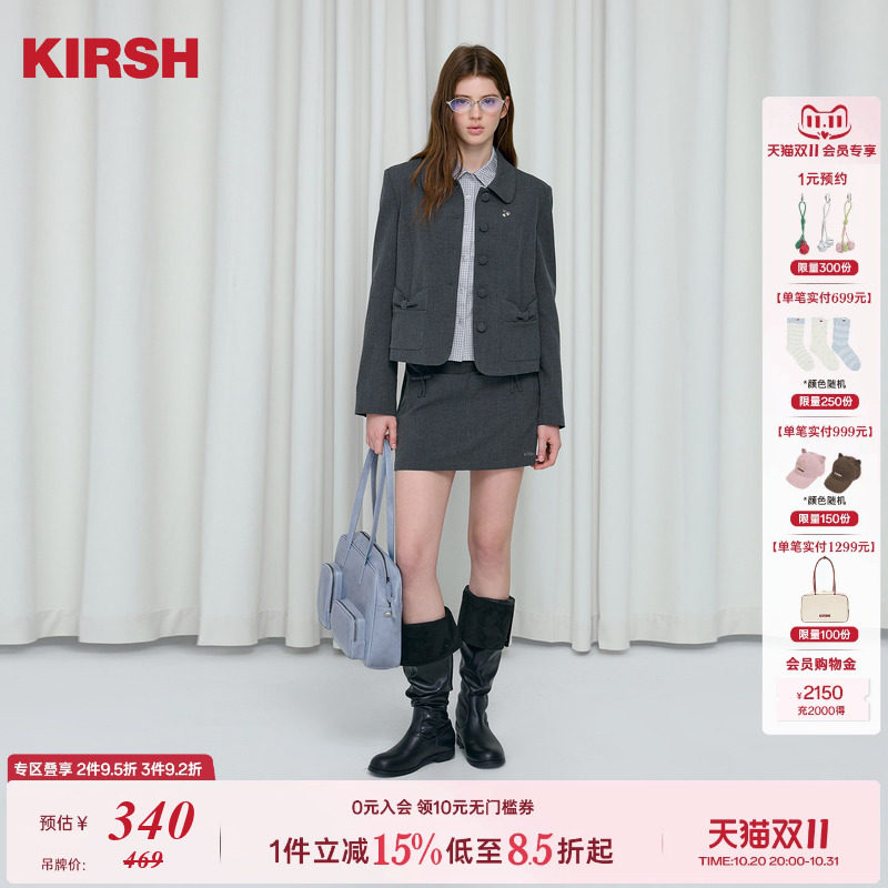 樱桃KIRSH 学院风时尚蝴蝶结西服套装26娃娃领长袖上衣刺绣半裙