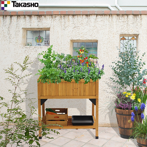 Takasho实木花箱带置物板抬高式