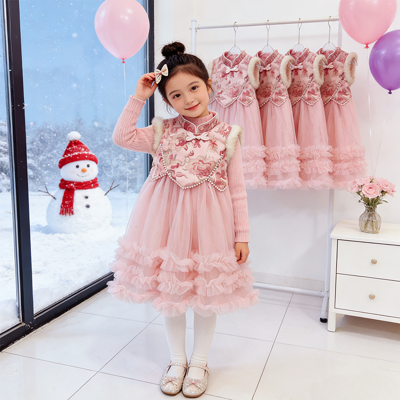 3岁女童公主裙秋冬新款加绒4女孩中国风拜年服唐装过年背心连衣裙