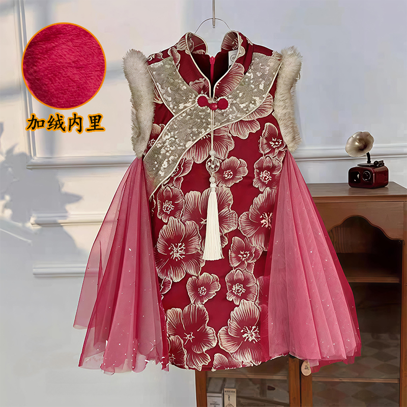4岁女童公主裙秋冬新款加绒5女孩中国风拜年服唐装过年背心连衣裙