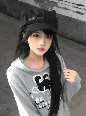 立减5元可爱猫耳爱心皮扣贝雷帽