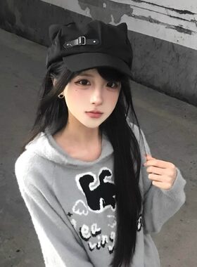 立减5元可爱猫耳爱心皮扣贝雷帽