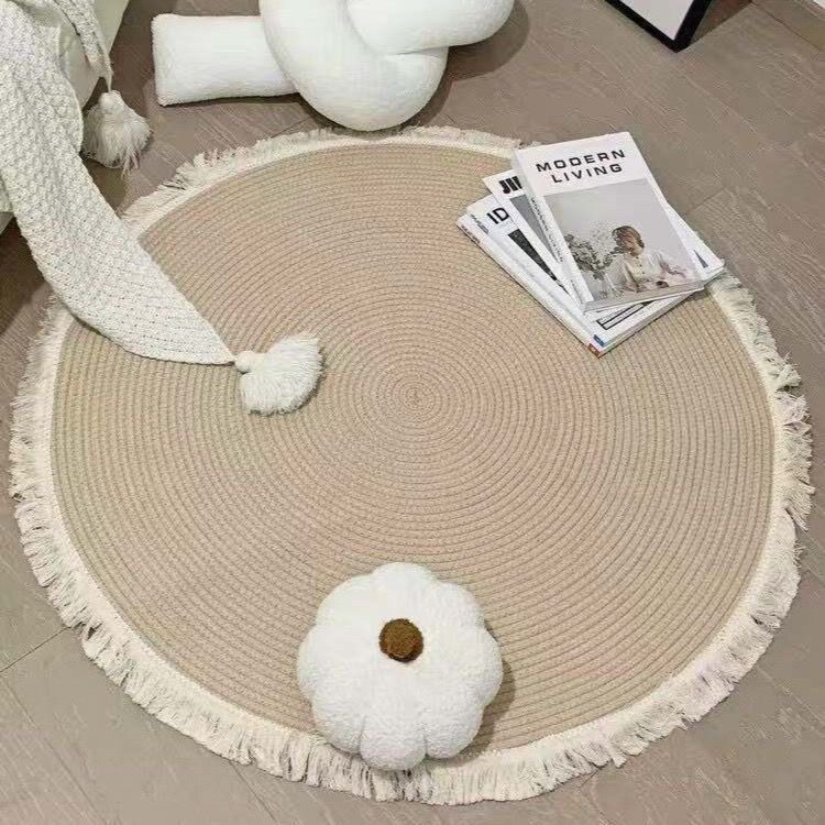 北欧黄麻流苏地垫绳编圆形地毯