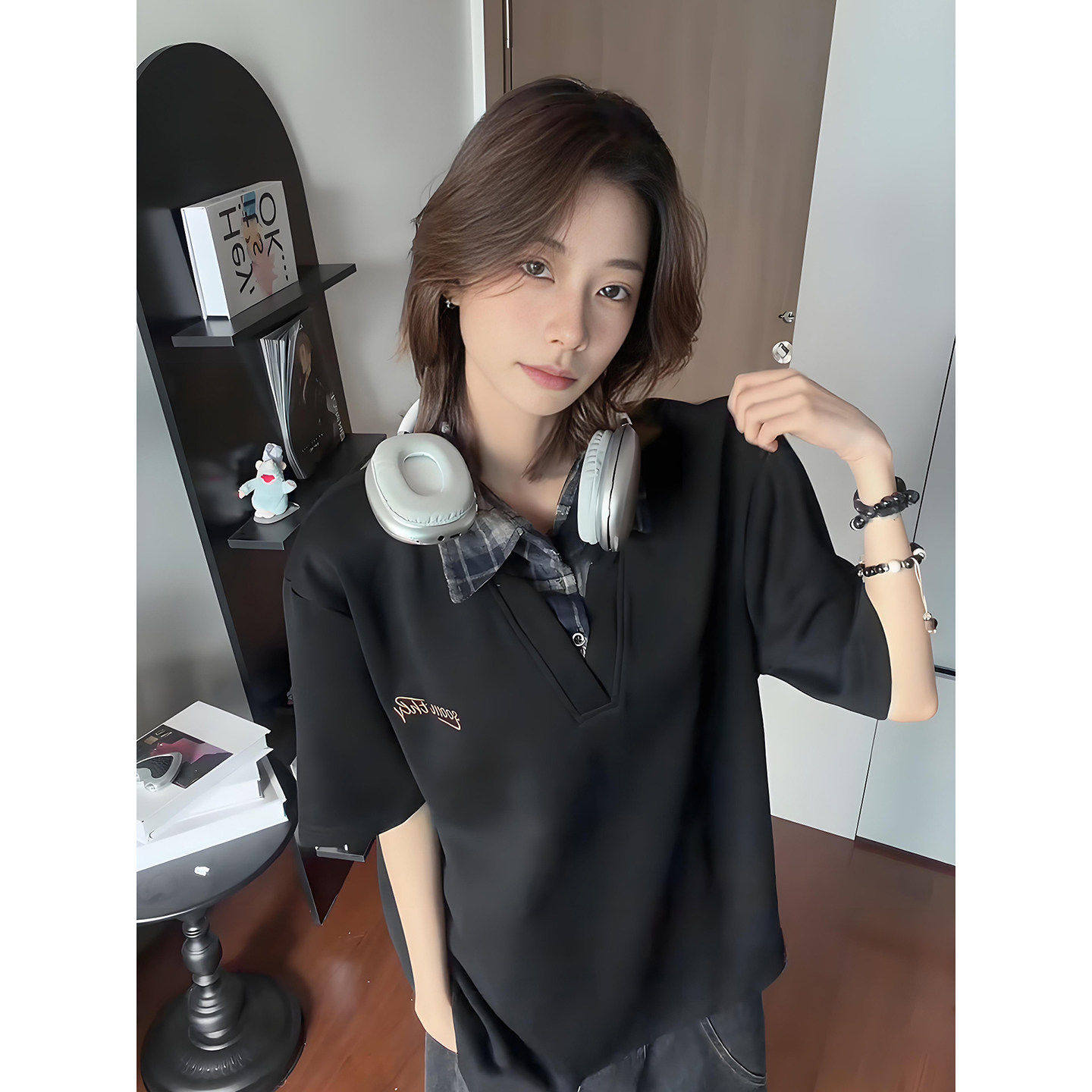 美式复古小众设计拼接假两件格纹polo衫男女短袖休闲百搭正肩t恤