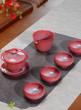 龙泉窑青瓷高端纯手工茶具套装女士整套功夫茶具红色三才盖碗礼盒