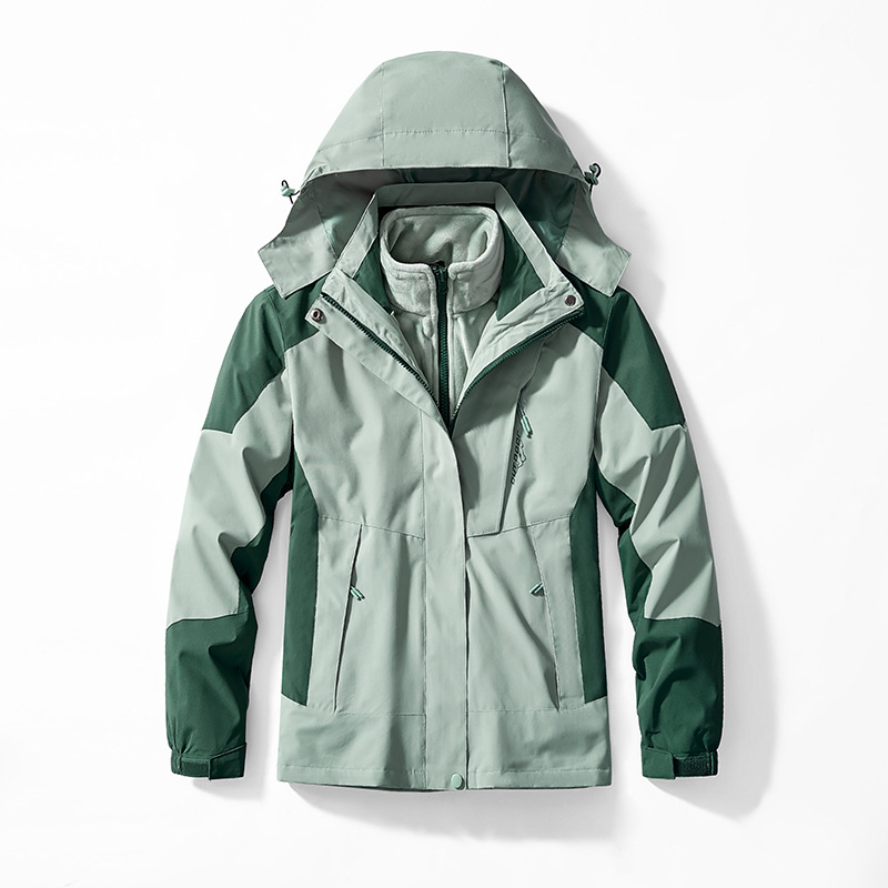 户外冲锋衣女三合一可拆卸水貂绒两件套墨绿色工装定做男外套