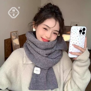 韩系氛围感灰色针织围巾女款冬季2025新款高级感加厚保暖毛线围脖