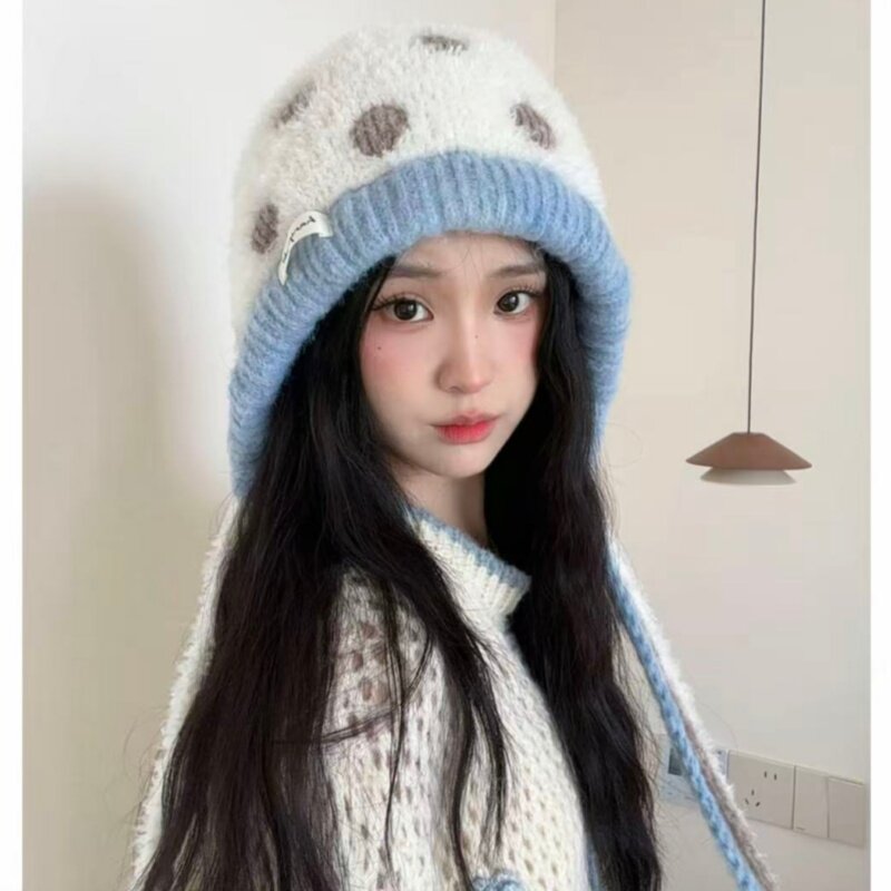 韩系ins波点撞色流苏护耳帽女秋冬季氛围感加厚保暖大头围毛绒帽
