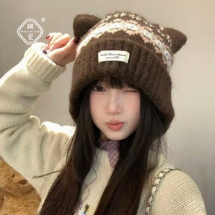 可爱猫耳朵费尔岛风毛线帽女款冬季加绒保暖包头帽显脸小针织帽子