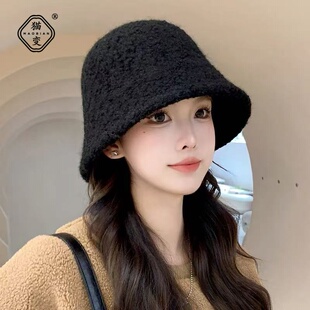 帽子女秋冬季羊羔毛渔夫帽黑色素颜大脸显脸小水桶帽保暖毛绒盆帽