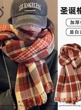 双面红色格子围巾女冬季韩系百搭