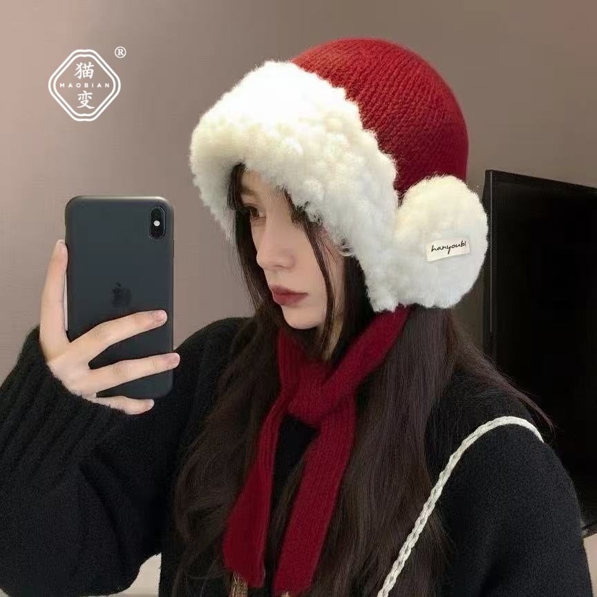 秋冬季毛绒加厚红色护耳毛线帽子
