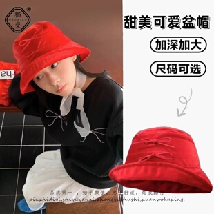 红色蝴蝶结渔夫帽大头围复古丝绒盆帽新款女韩国小众设计遮阳帽子
