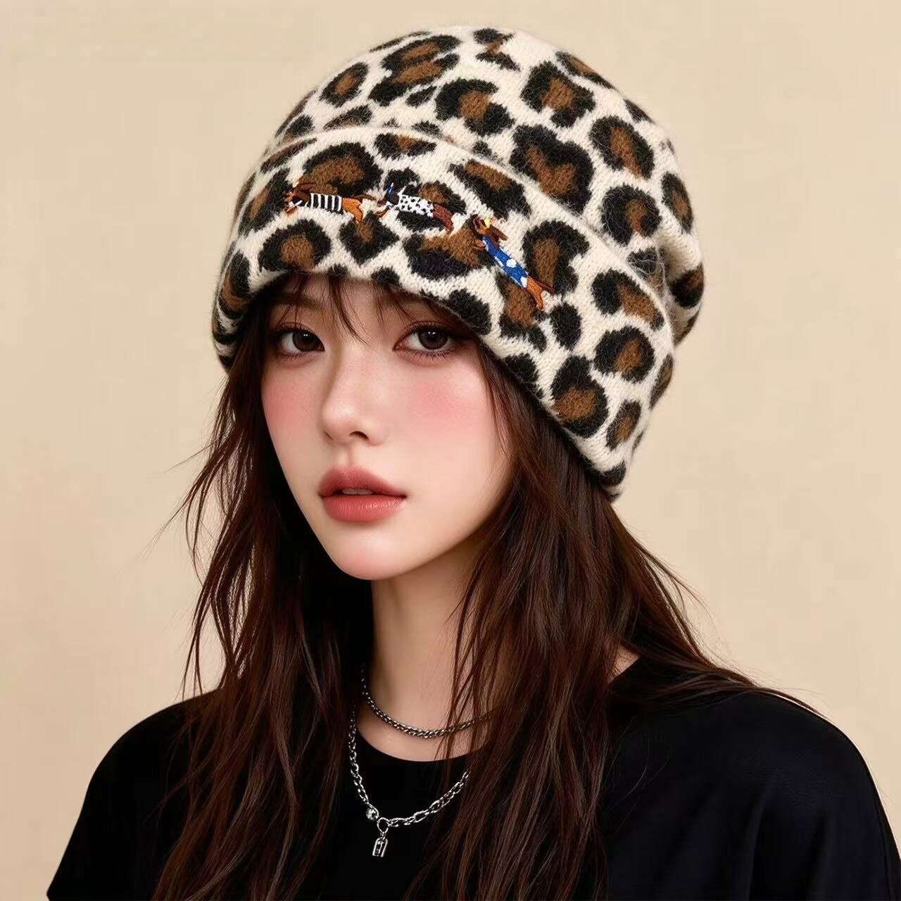 腊肠狗豹纹针织帽女秋冬复古显脸小毛线帽大头围保暖护耳包头帽子