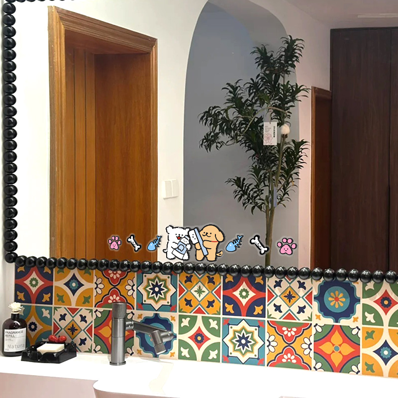 线条小狗卧室镜子装饰贴纸卫生间镜面可爱贴画浴室玻璃门防水贴膜