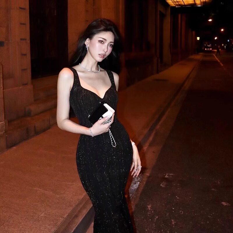 HEPBURN-STYLE DRESS DRESS LIGHT LUXURY NICHE HIGH-END TEMPERAMENT CELEBRITY BIRTHDAY DRESS BLACK FISHTAIL SLIP DRESS